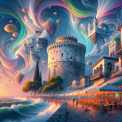 The primary subject of the image is a large, colorful castle with a moat, surrounded by a city. The setting is a beach with a body of water, and the visual style is a digital art or illustration. The colors and mood of the image are vibrant and lively, with a mix of blue, green, and orange hues. The scene also features a restaurant with tables and chairs, where people are enjoying their time.